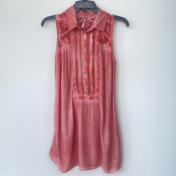 FREE PEOPLE Small Gauze Acid Wash Tie Dye Tunic Top Mesh Coral Reef Sleeveless - Picture 2 of 6